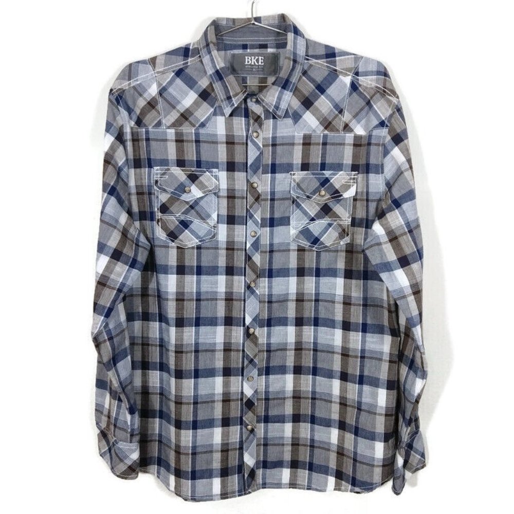 BKE Men's Athletic Fit Plaid Button Up Pearl Snap Shirt Blue/Brown Size XL